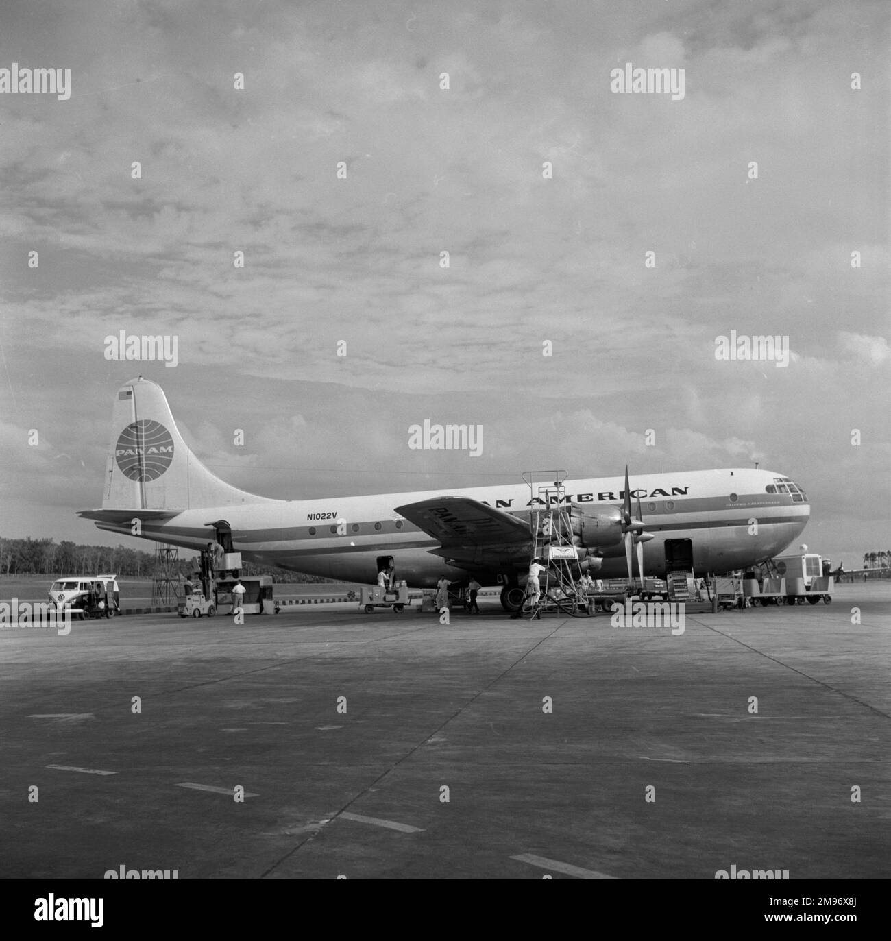 N1022v was Pan Am’s first Stratocruiser delivered.  It had been Boeing’s prototype. Pan Am flew it as “Clipper Nightingale” until 1960. Stock Photo