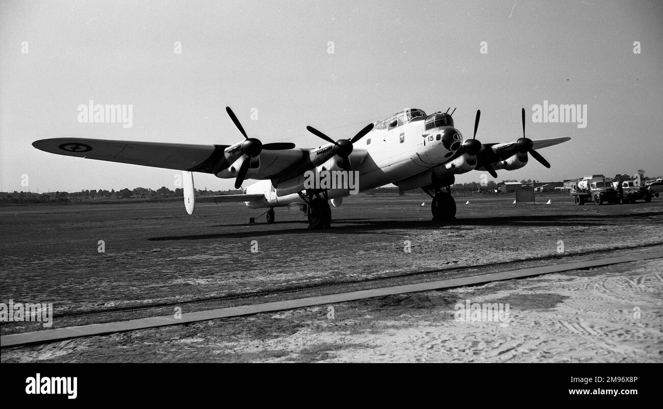 Avro Lancaster Mk VII NX611 in French Naval Air Arm livery at Bankstown in Sydney Australia. Eventually restored and bought in 1983 by the Panton Brothers she is now named “Just Jane” and taxis at the Lincolnshire Aviation Heritage Centre at  East Kirkby Stock Photo