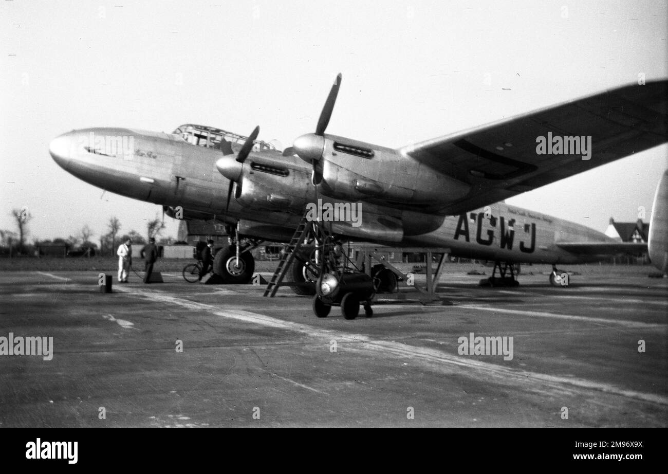 Avro Lancastrian G-AGWJ of British South American Airlines seen at London Airport on 18 May 1946, just 3 months before it was damaged beyond repair in a landing accident in the Gambia. It flew the London to Buenos Aires route. Stock Photo