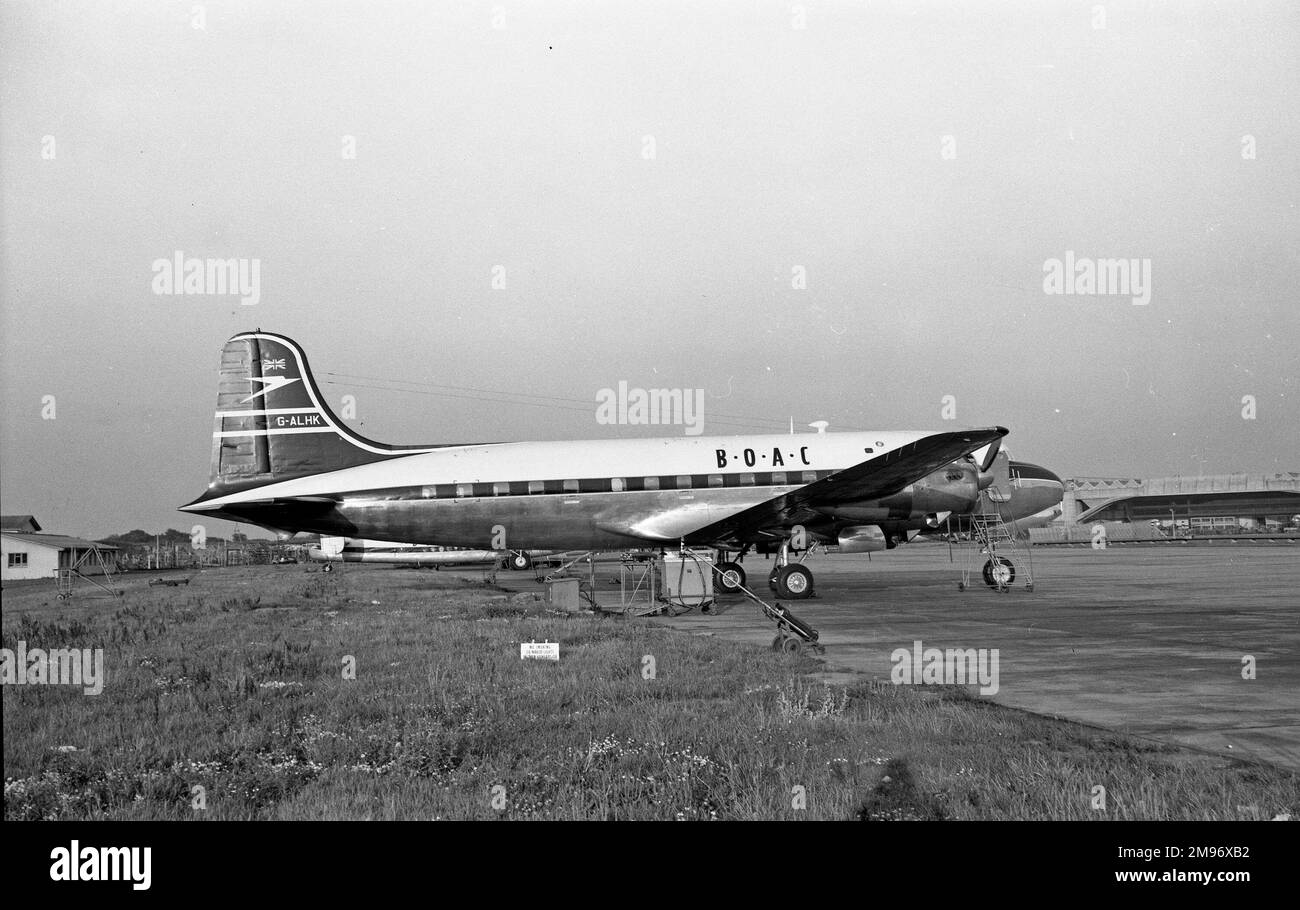 Canadair C.4 Argonaut G-ALHK, shown in blue  tail livery, on which HM Queen Elizabeth arrived back from East Africa after the death of her father King George VI in January 1952 Stock Photo
