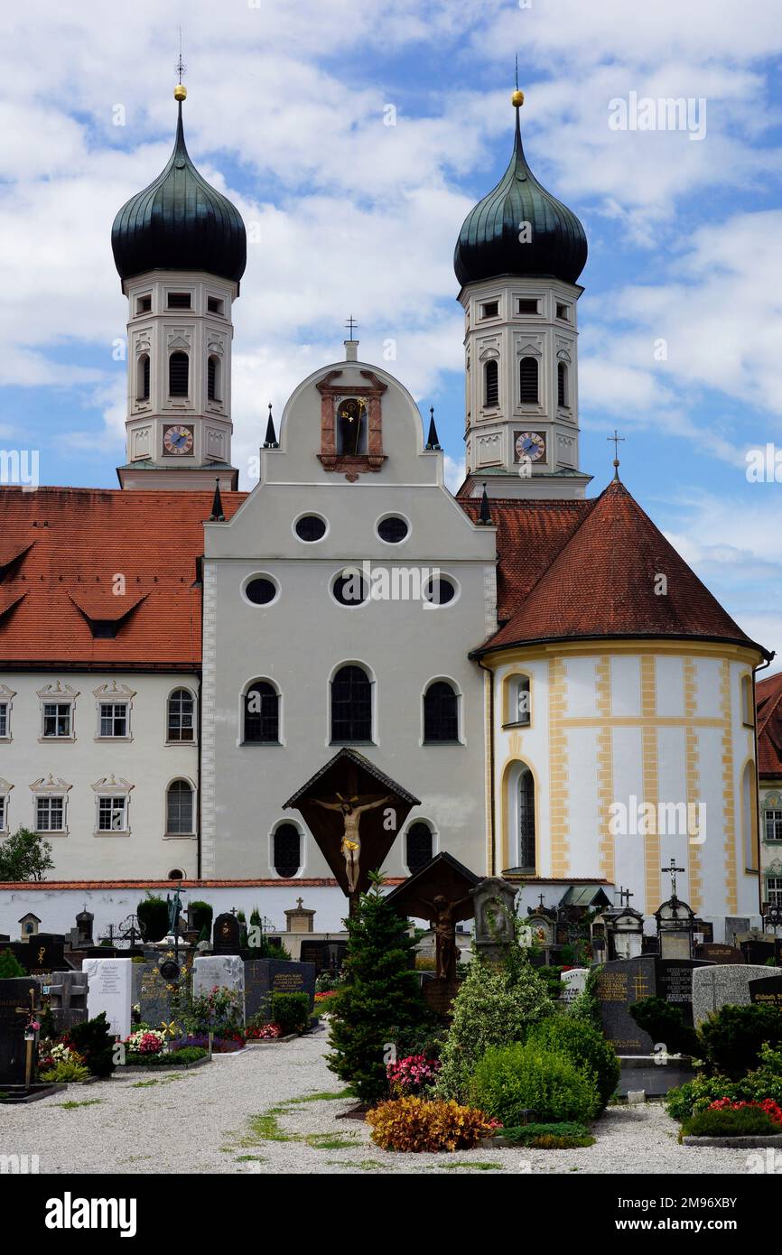 Germany, Bayern, Penzberg, Benediktbeuern: Benediktbeuern Monastery  (739 AD), towers of the Basilika. Stock Photo