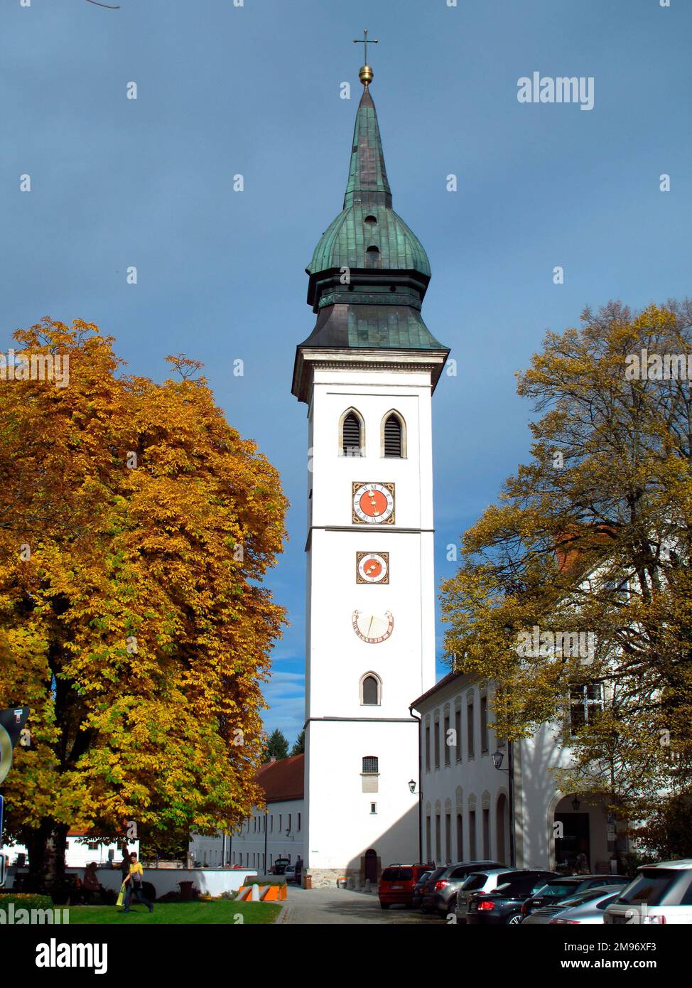 Germany, Bayern, Peissenberg, Rottenbuch: Tower of the church 'Mariae Geburt' (1439 AD). Stock Photo