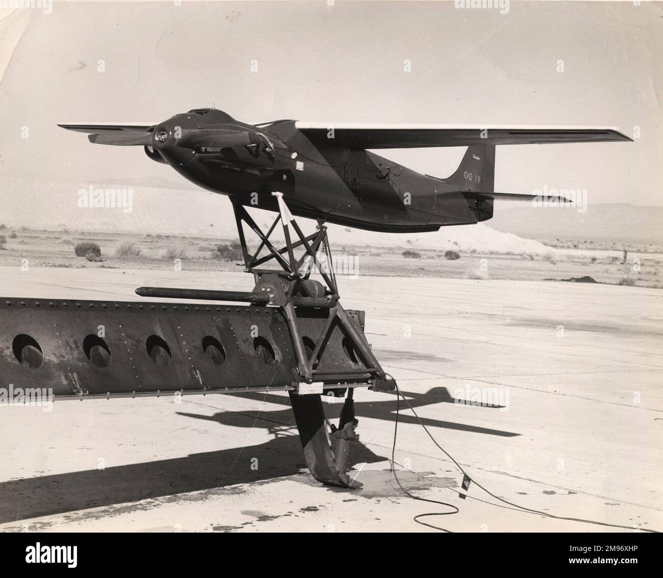 Radioplane OQ-19A target drone circa 1947 perches on its 60ft catapult prior to take off. Stock Photo