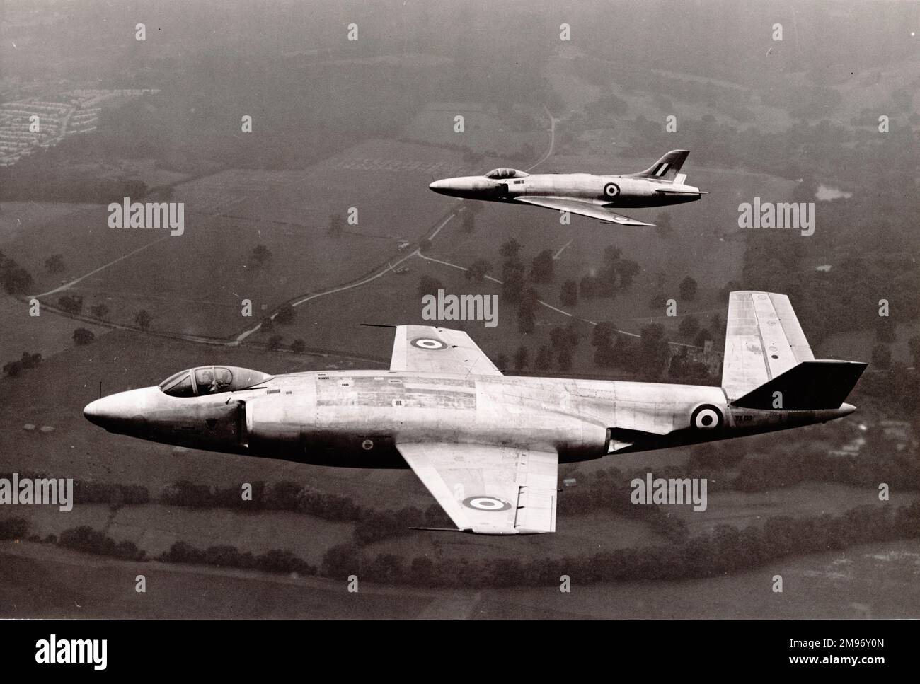 The Supermarine 508, VX133, is escorted by the second prototype Swift, VV119, in its later Type 535 guise. This Swift went on to star as Prometheus in the film Sound Barrier. Stock Photo