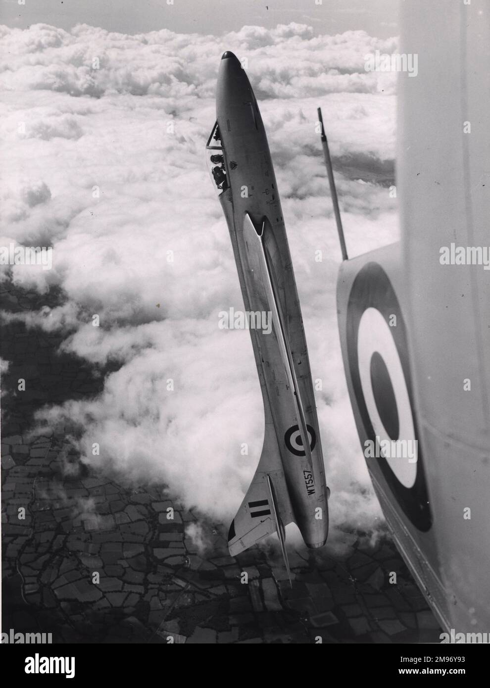 The third of the initial Hawker P1067 Hunter 1 production batch, WT557, during aerobatics. Stock Photo