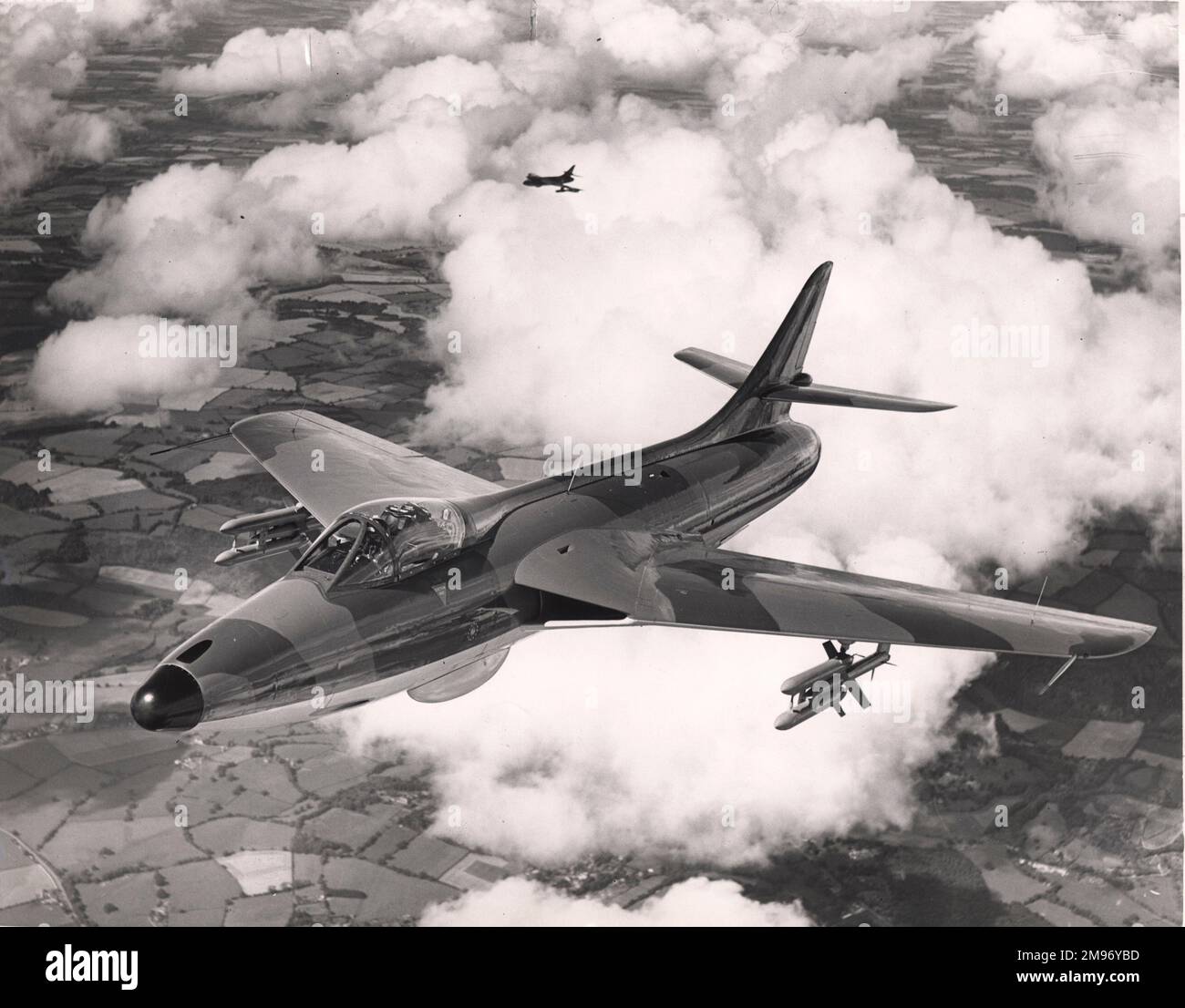 Hawker Hunter 4, XF310, was modified to carry two Fairey Fireflash beam-riding air-to-air missiles in 1956. Stock Photo