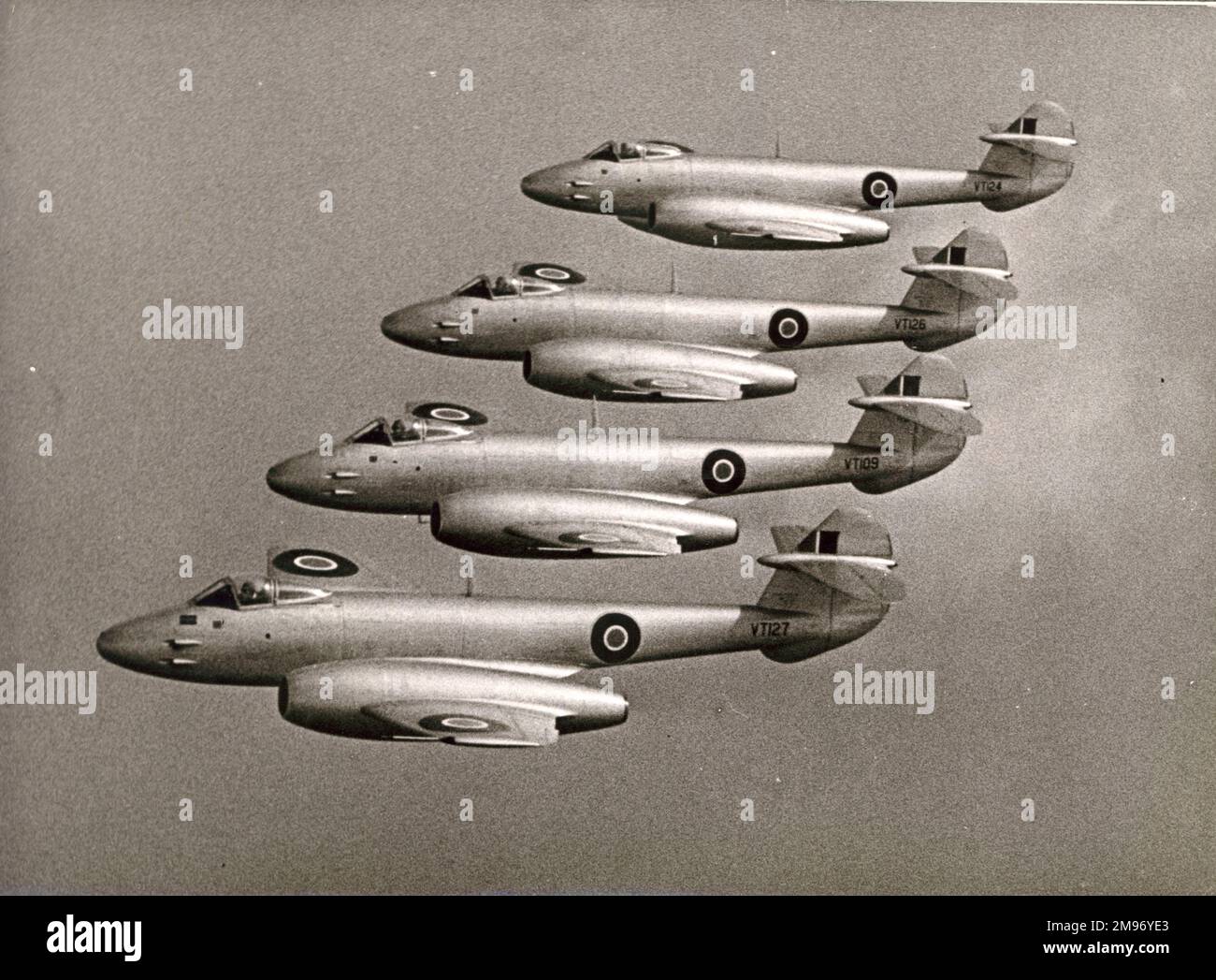 Four Gloster Meteor F4s of 245 Squadron, based at Horsham St Faith (now Norwich Airport) in the air. April 1948. Stock Photo