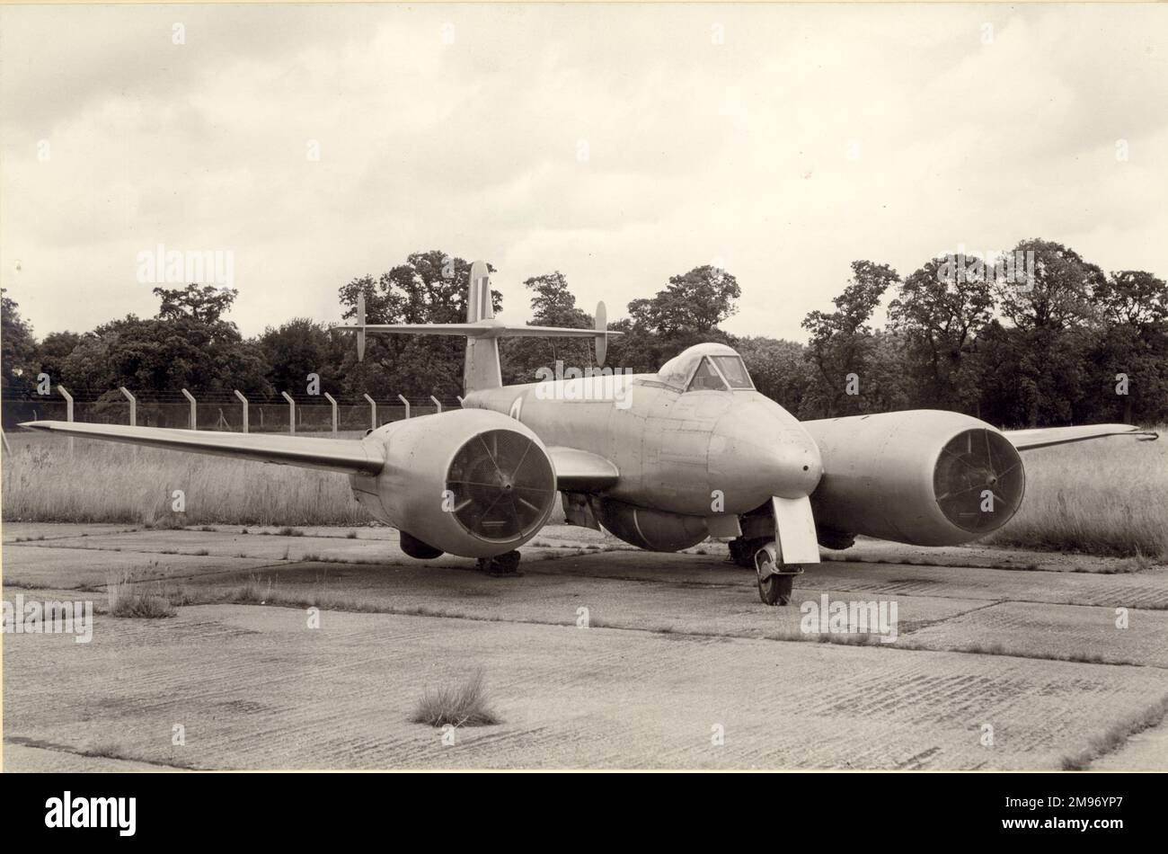 Gloster Meteor F4, RA490, following use as a Beryl engine testbed, the aircraft was heavily modified to take two Rolls-Royce Nene turbojets for trials with a jet deflection system. Stock Photo