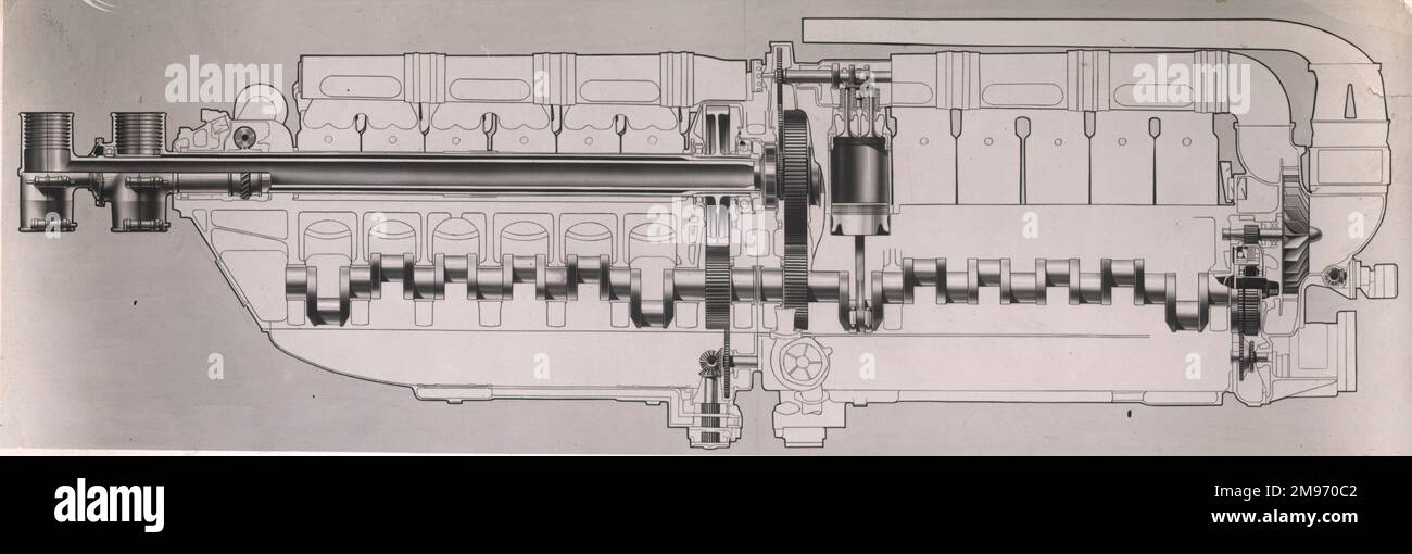 Diagram of the Fiat AS6 engine used in the Macchi-Castoldi MC72 Schneider Trophy racing seaplane. Stock Photo