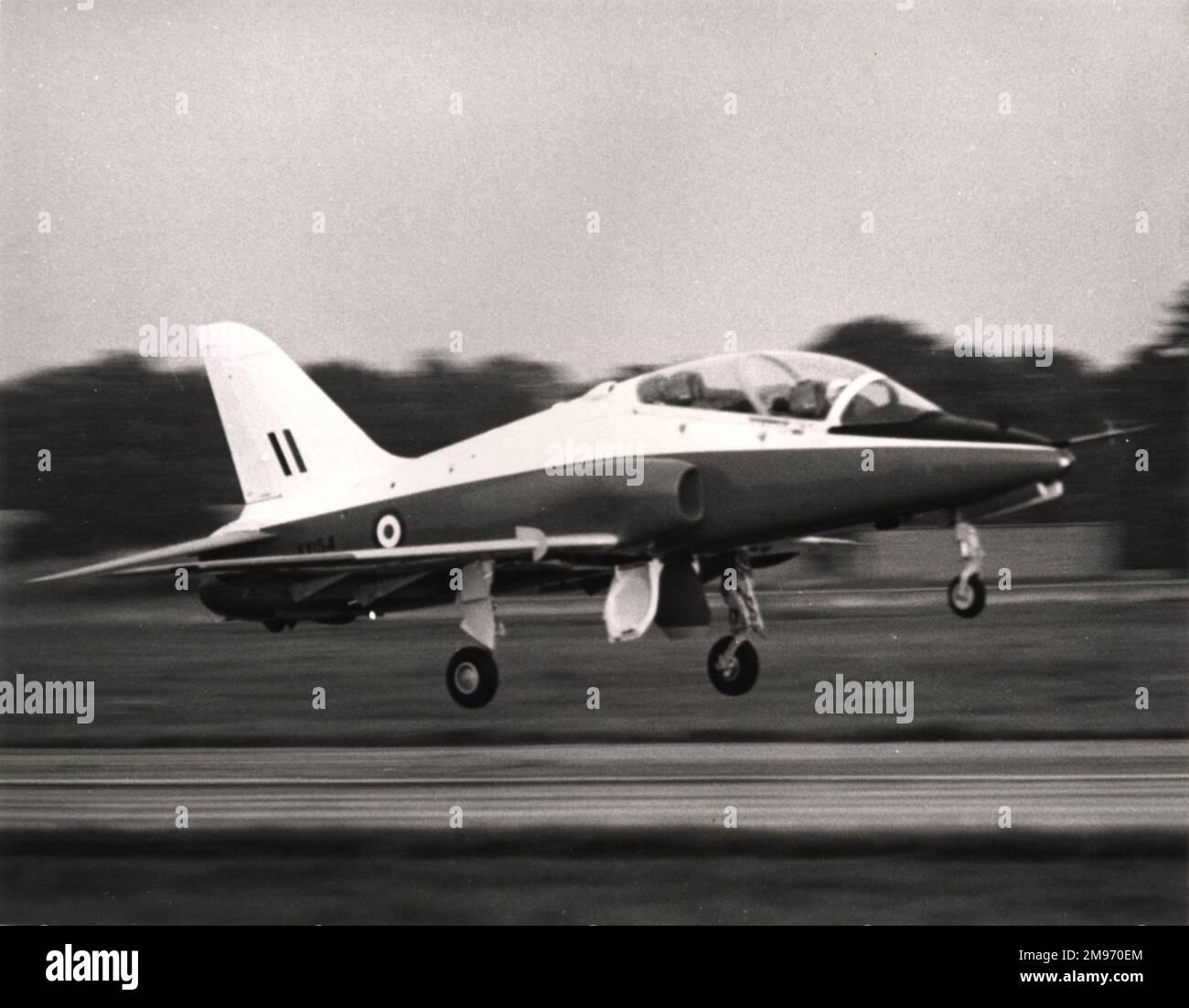 The first Hawk, XX154, takes to the air for the first time on 21 August 1974 with chief test pilot, Duncan Simpson, at the controls. The flight from the flight test centre at Dunsfold lasted 53 minutes. Stock Photo
