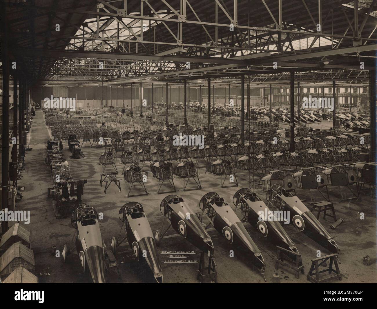 Sopwith Snipe and Salamander fuselages in the Ham works. December 1918. Stock Photo