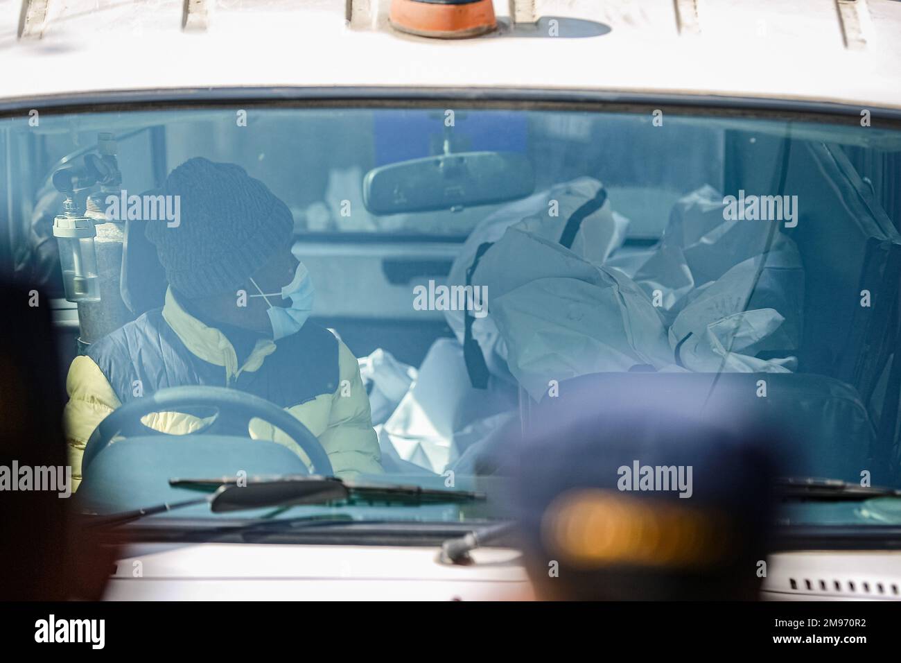 Nepal. 17th Jan, 2023. Dead bodies are seen at an ambulance brought ...