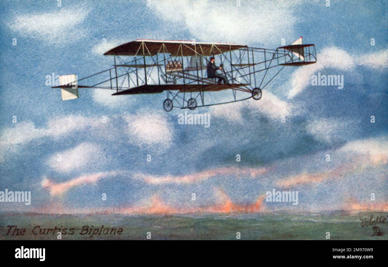 A painting of the Curtiss-Herring No 1, the aircraft which won the 1909 Gordon Bennett Cup at Rheims, France. Stock Photo