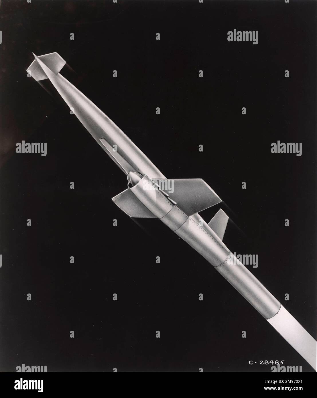 ‘Constructed for research in the world’s largest supersonic wind tunnel at NACA’s Lewis Flight Propulsion Laboratory, this research model of a guided missile incorporates a ramjet engine buried in the fuselage.’ Stock Photo