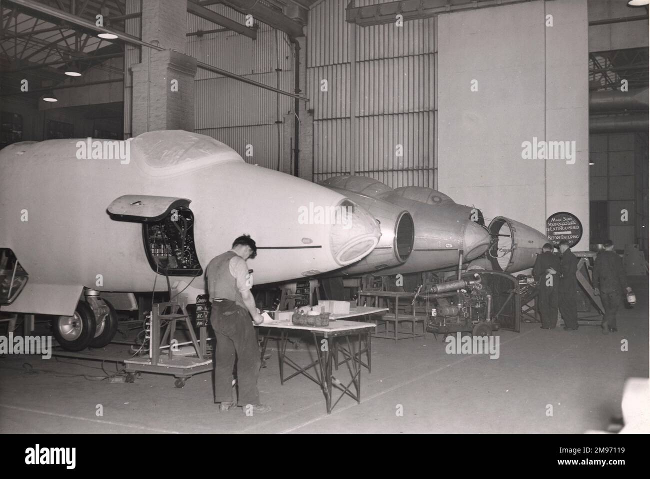 English Electric B2 and T4 nose fuselages in the spray shop, 1953. Stock Photo