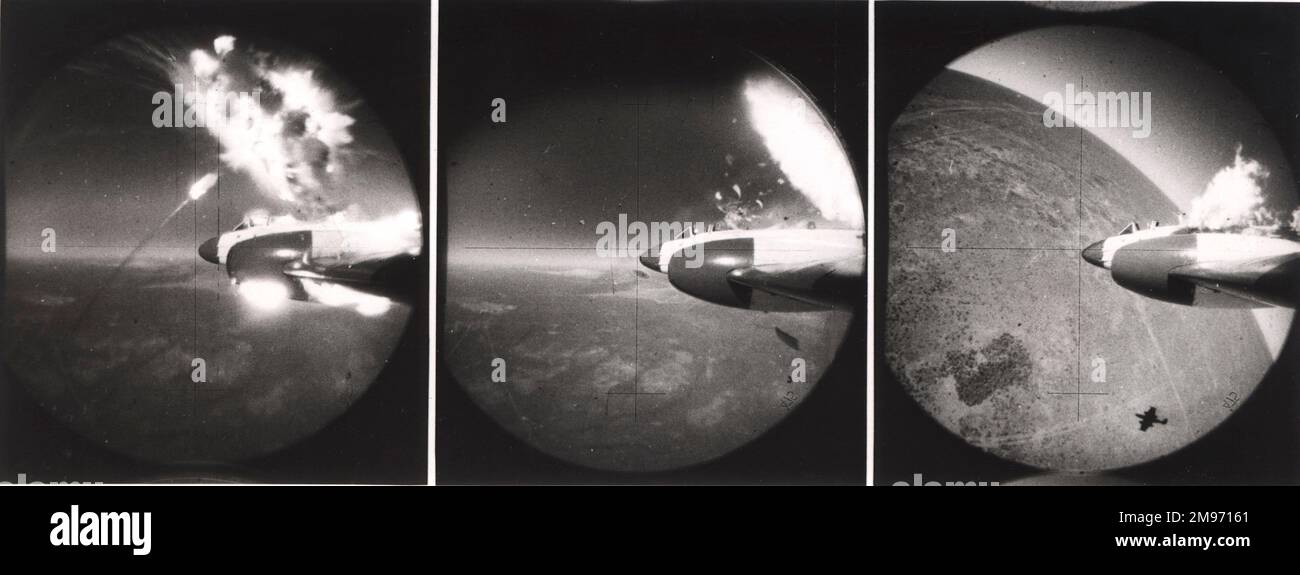 These photographs from the Woomera range in Australia show how an Armstrong Whitworth Seaslug ship-to-air missile destroys its target. After the explosion (left), pieces are torn off the Gloster Meteor target which bursts in to flames and plunges back on to the range. September 1959. Stock Photo