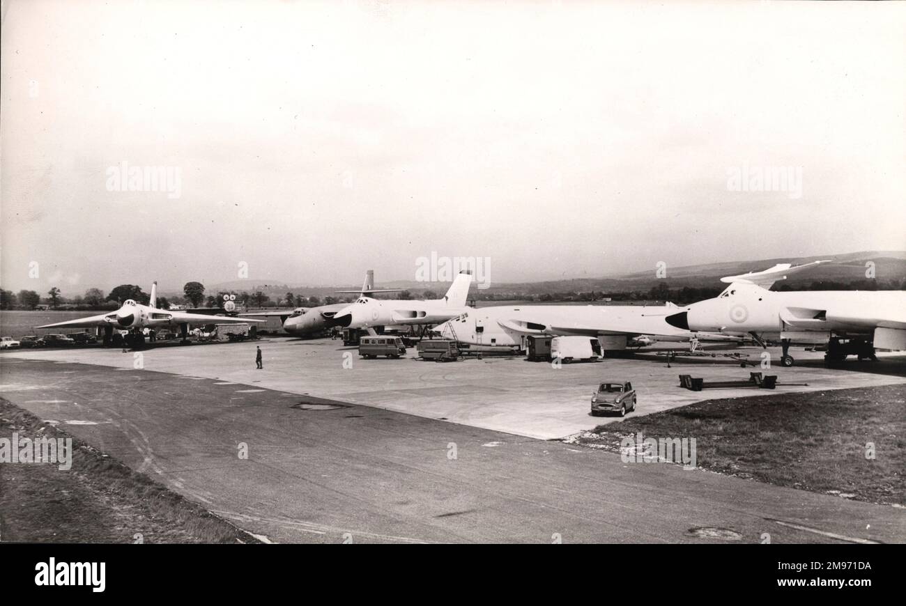 Three Avro Vulcans, a Vickers Valiant and a Handley Page Victor during Avro Blue Steel trials in the UK. Stock Photo