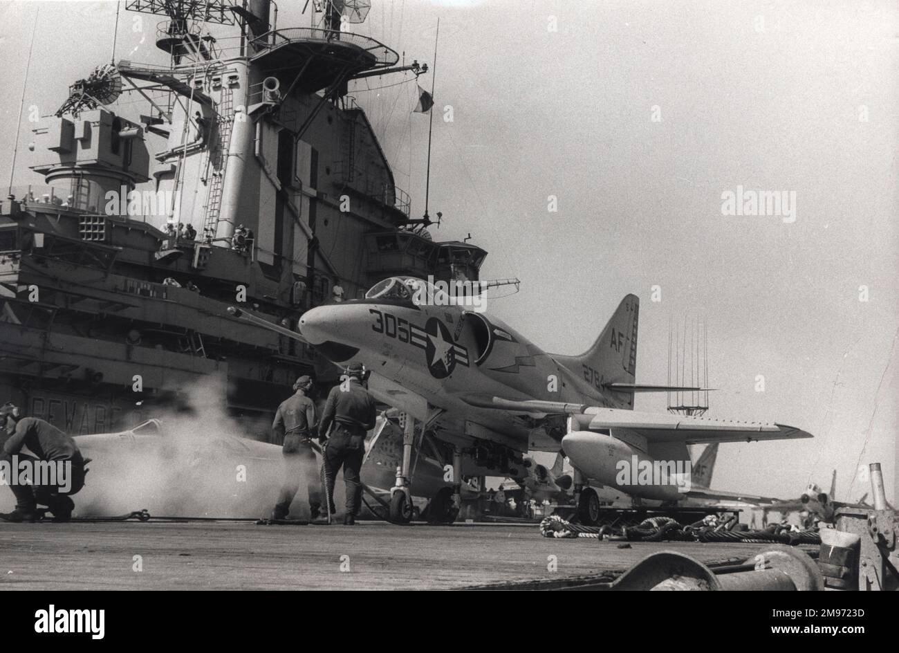 Douglas A4D Skyhawk about to launch from a carrier. Stock Photo