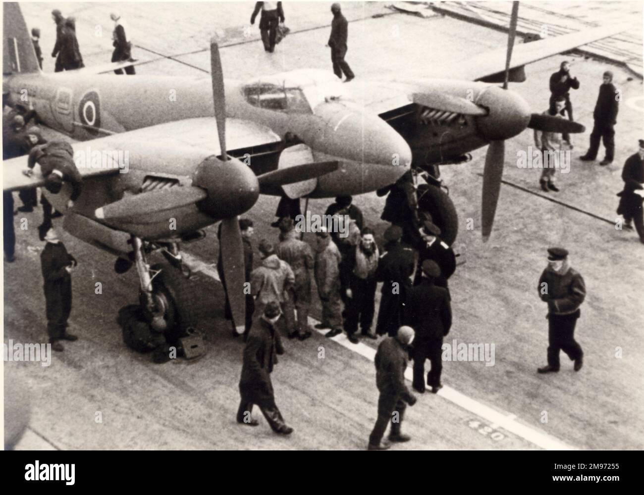 Modified de Havilland Mosquito FBVI, LR359, which made the first twin-engined carrier-borne landing on to HMS Indefatigable on 25 March 1944 piloted by Lt Cdr Eric Brown. Stock Photo