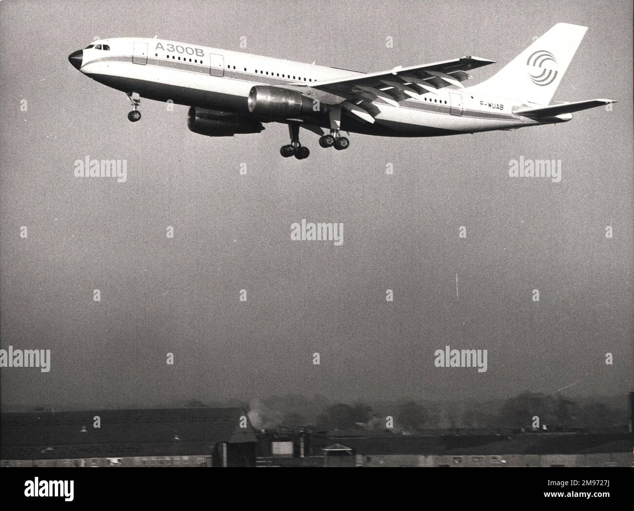 The first A300, F-WUAB, during flight trials. Possibly overflying BAe’s Hatfield site. Stock Photo