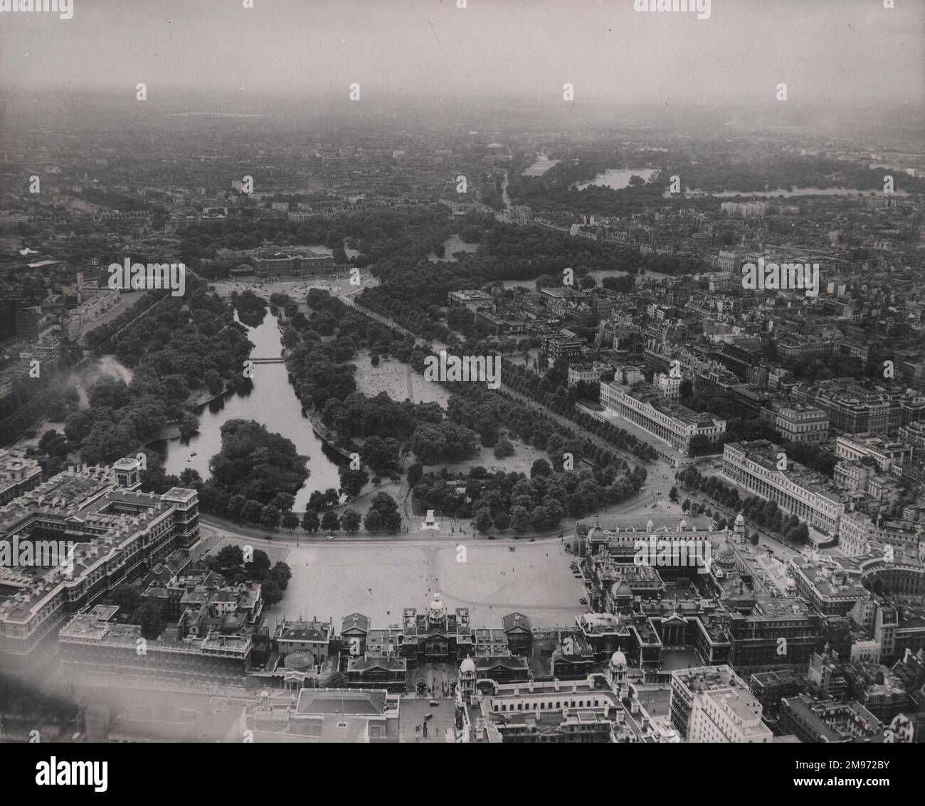 An aerial view of Horse Guards Parade, St James’ Park and Buckingham Palace, London. Stock Photo