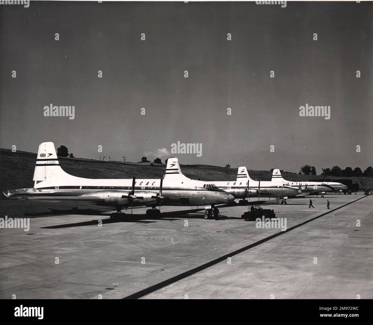 The first Bristol Britannia, G-ALBO, alongside the first three production aircraft, G-ANBA, G-ANBB and G-ANBC. Stock Photo