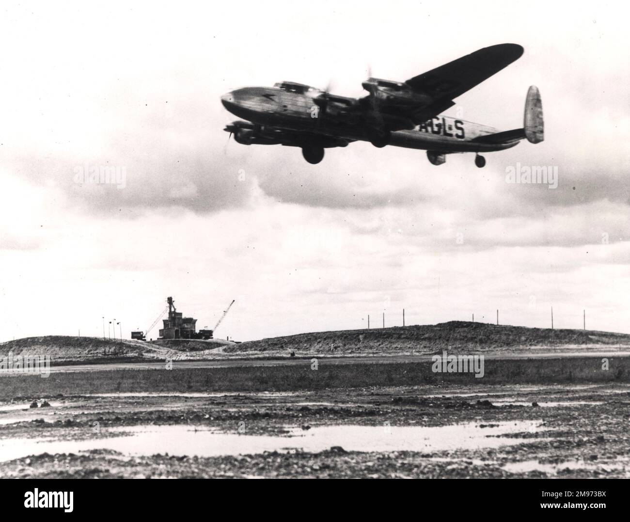 Avro Lancastrian, G-AGLS, Nelson, takes off from Heathrow on the first commercial flight on 28 May 1946. Stock Photo