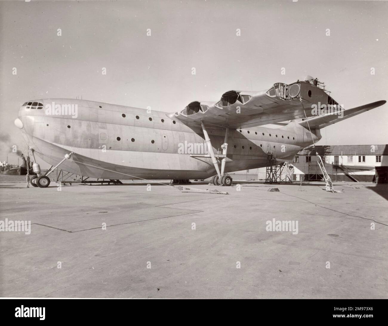 The first partially-completed Saunders-Roe SR45 Princess after roll-out onto the newly reinforced slipway at Cowes. Late 1951. Stock Photo