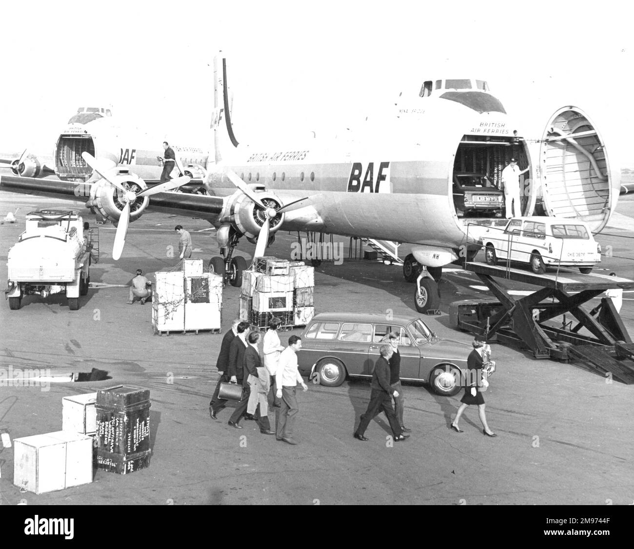 Two Aviation Traders ATL-98 Carvairs, including G-APNH, Menai Bridge of British Air Ferries. Stock Photo