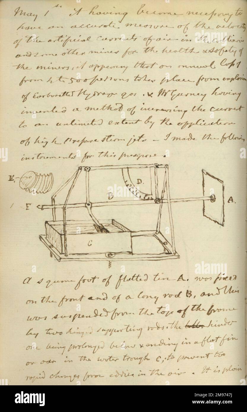 Sketch of a swinging plate anemometer. 1849. From Cayley’s original notebook. Stock Photo