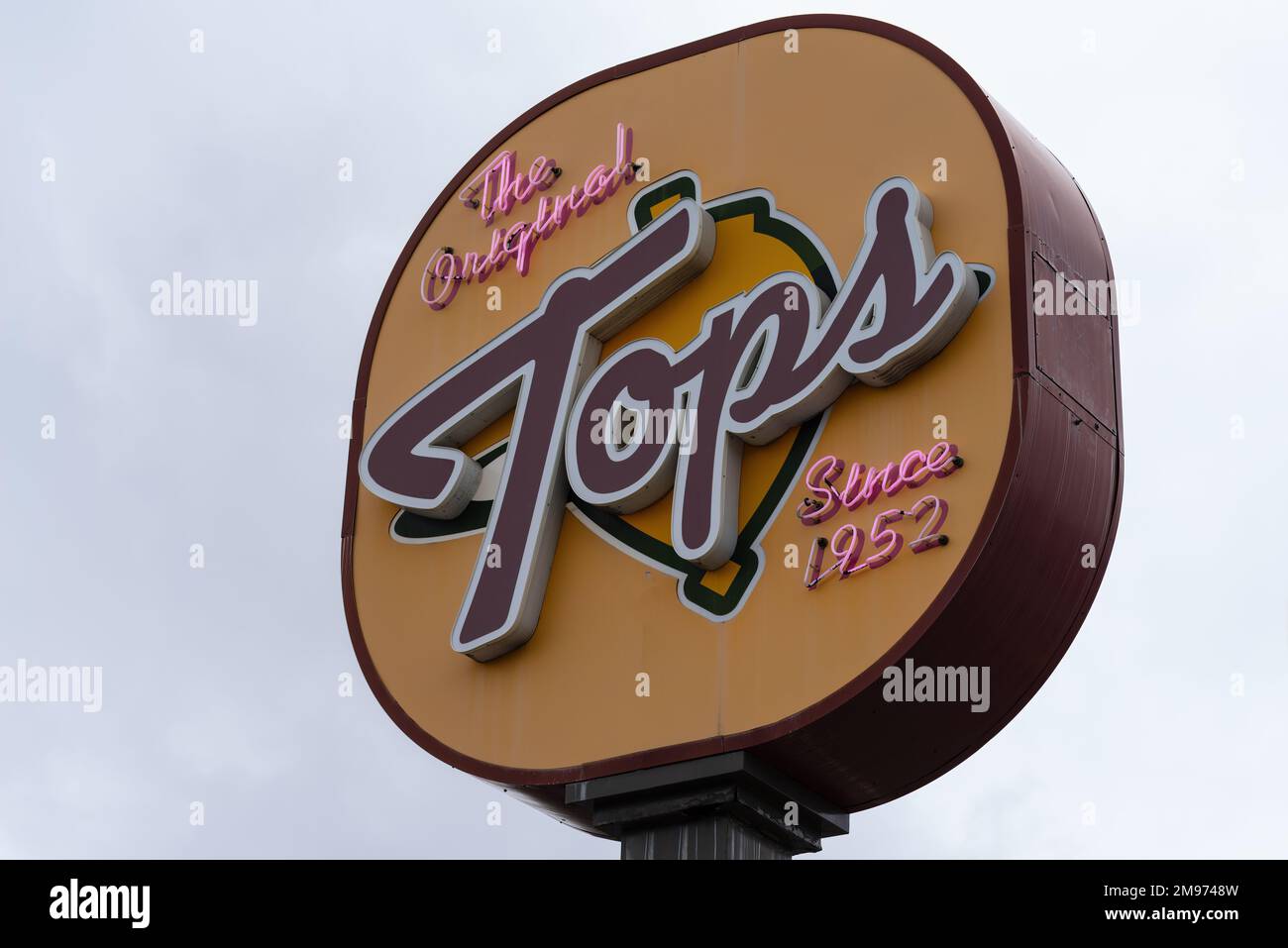 Pasadena, California, United States - January 15, 2023: Tops Restaurant neon sign in the City of Pasadena shown on an overcast day. Stock Photo
