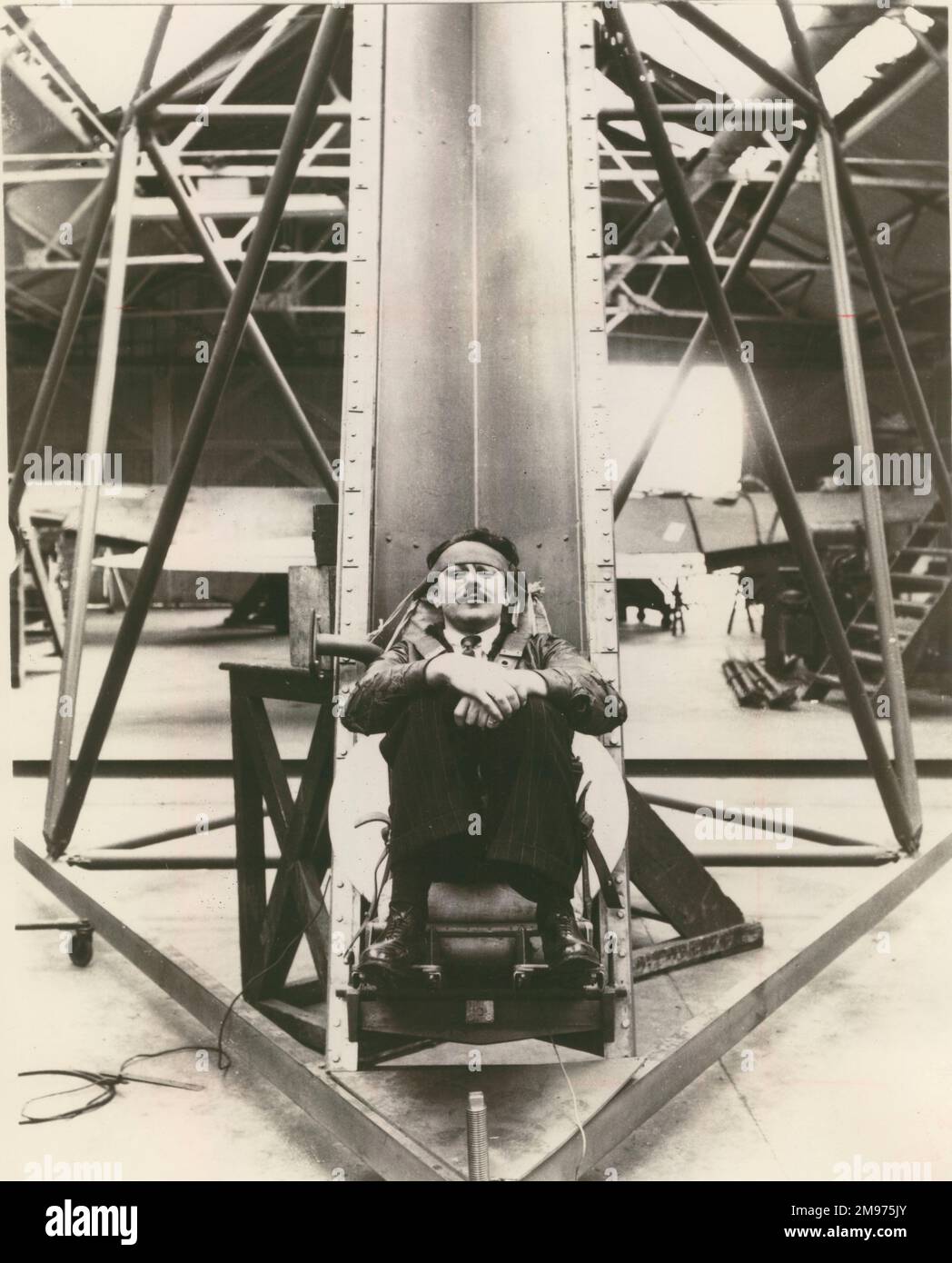 Bernard Lynch about to undergo one of the many test ejections on the 15ft rig at Martin-Baker. 1945. Stock Photo