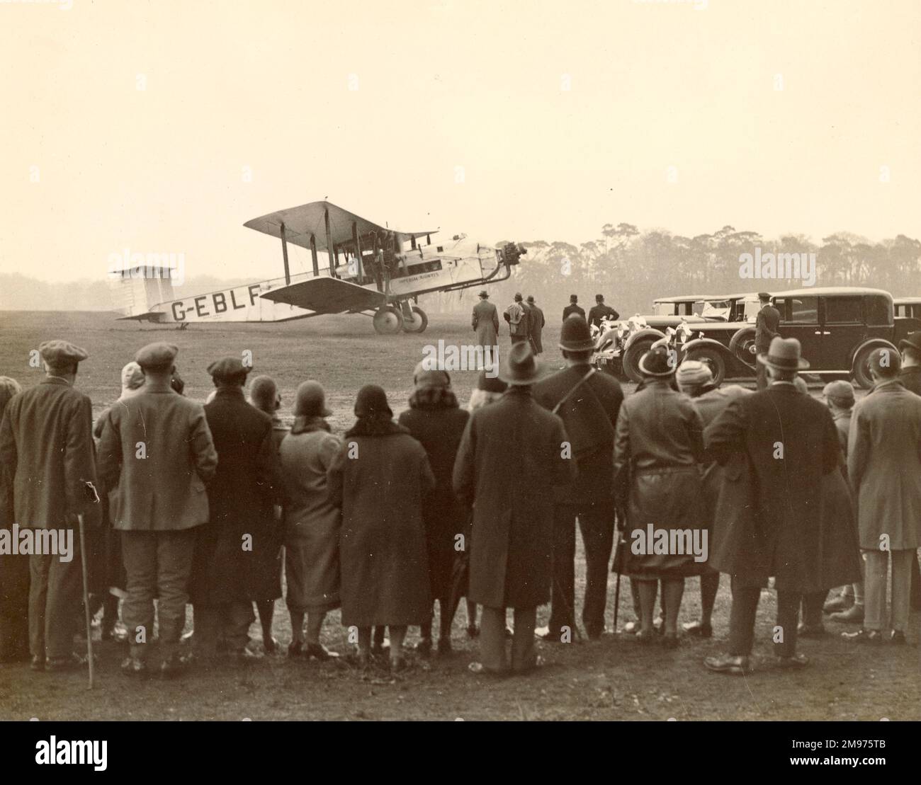 The Prince of Wales and Duke of Kent in Armstrong Whitworth Argosy I, G-EBLF, City of Glasgow, arriving from their tour of South America at Smith’s Lawn, Windsor Great Park, after their flight from Bordeaux and Paris. 29 April 1931. Stock Photo