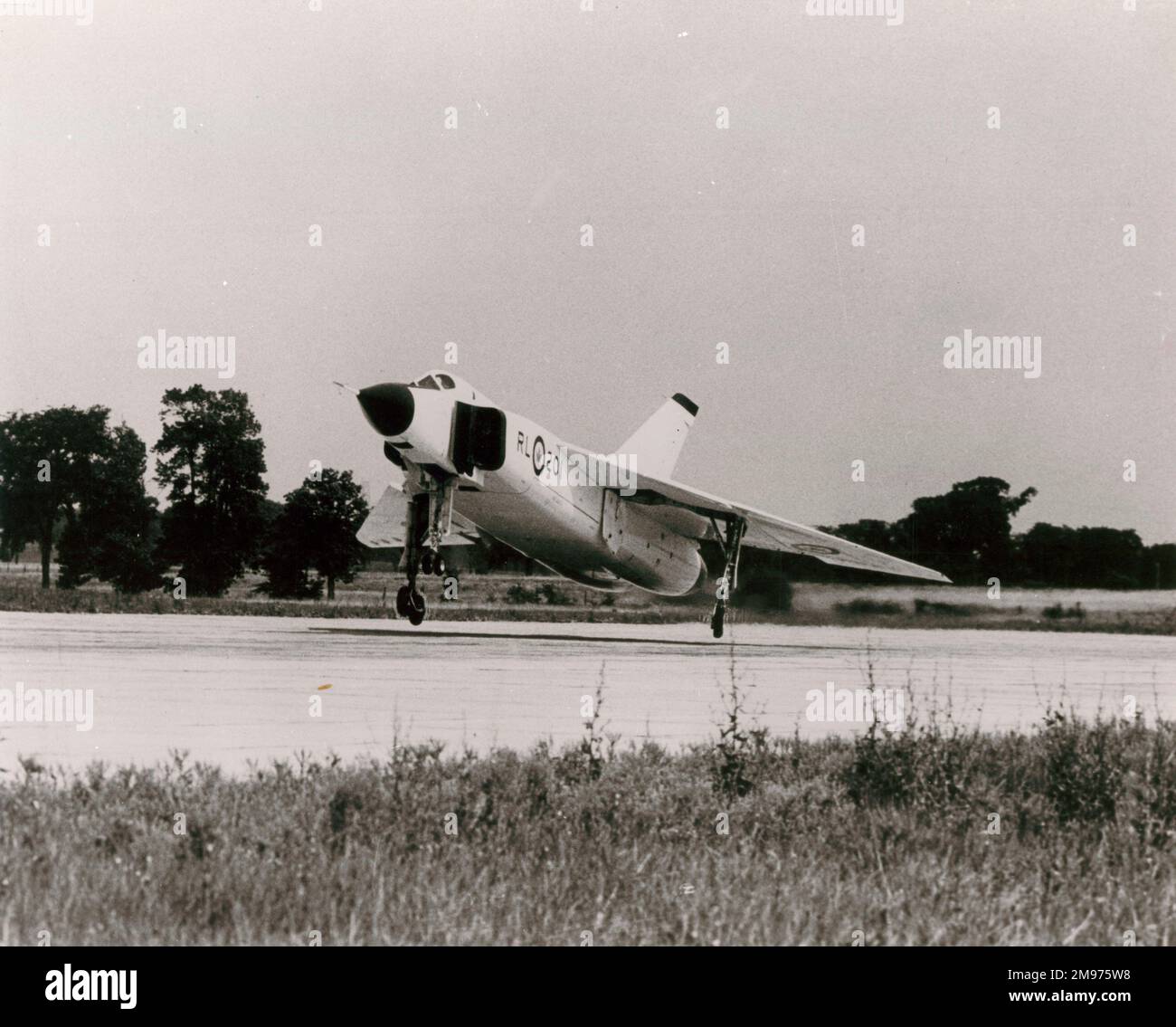 Avro Canada CF105 Arrow I, 25201, after undercarriage failure at touchdown, 11 June 1958. Stock Photo