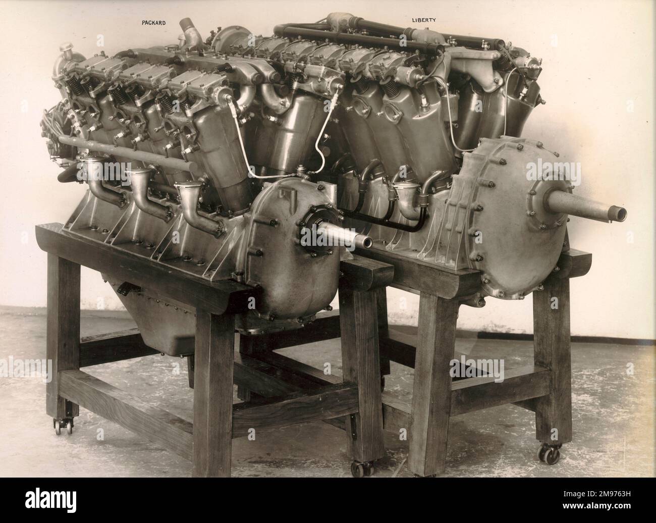 From left: Packard and Liberty engines. Stock Photo