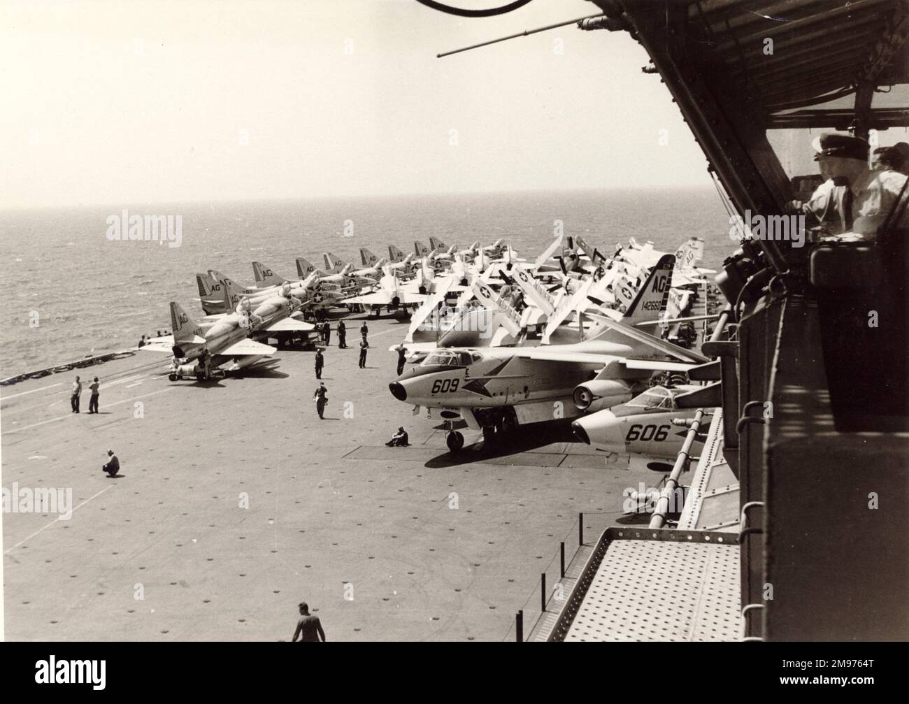 Aircraft on the deck of the USS Independence including Douglas A4D Skyhawks and Douglas A3D Skywarriers. Stock Photo