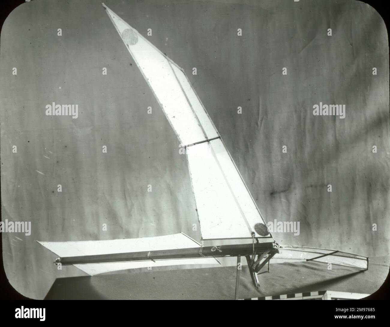 Rubber-driven flying machine (note propelling wing tips). Hargrave Slide 14. Stock Photo