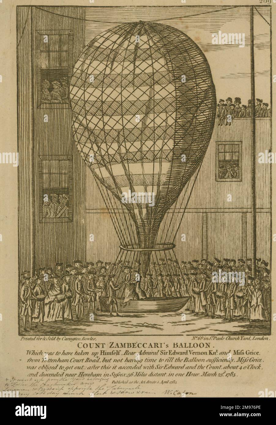 Plate showing “Count Zambeccari’s Balloon. Which was to have taken up himfelf, Rear Admiral Sir Edward Knt. and Mifs Grice from Tottenham Court Road, but not having time to fill the balloon sufficiently, Mifs Grice was obliged to get out: after this it ascended with Sir Edward and the Count, about 4 o’clock, and descended near Horsham in Sufsex: 36 miles distant, in one hour. March 23 1785.” Stock Photo