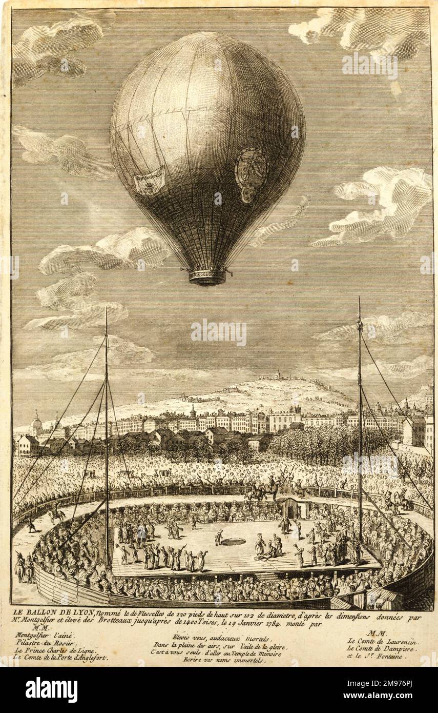 Plate showing “Le Ballon de Lyon , nommé le de Flesselles de 120 pieds de haut sur 102 diametre, d’après les dimenfions données par Mr Montgolfier et élevé des Brotteaux jusq’après de 1400 Toises, le 19 Janvier 1784 monté par.” Stock Photo