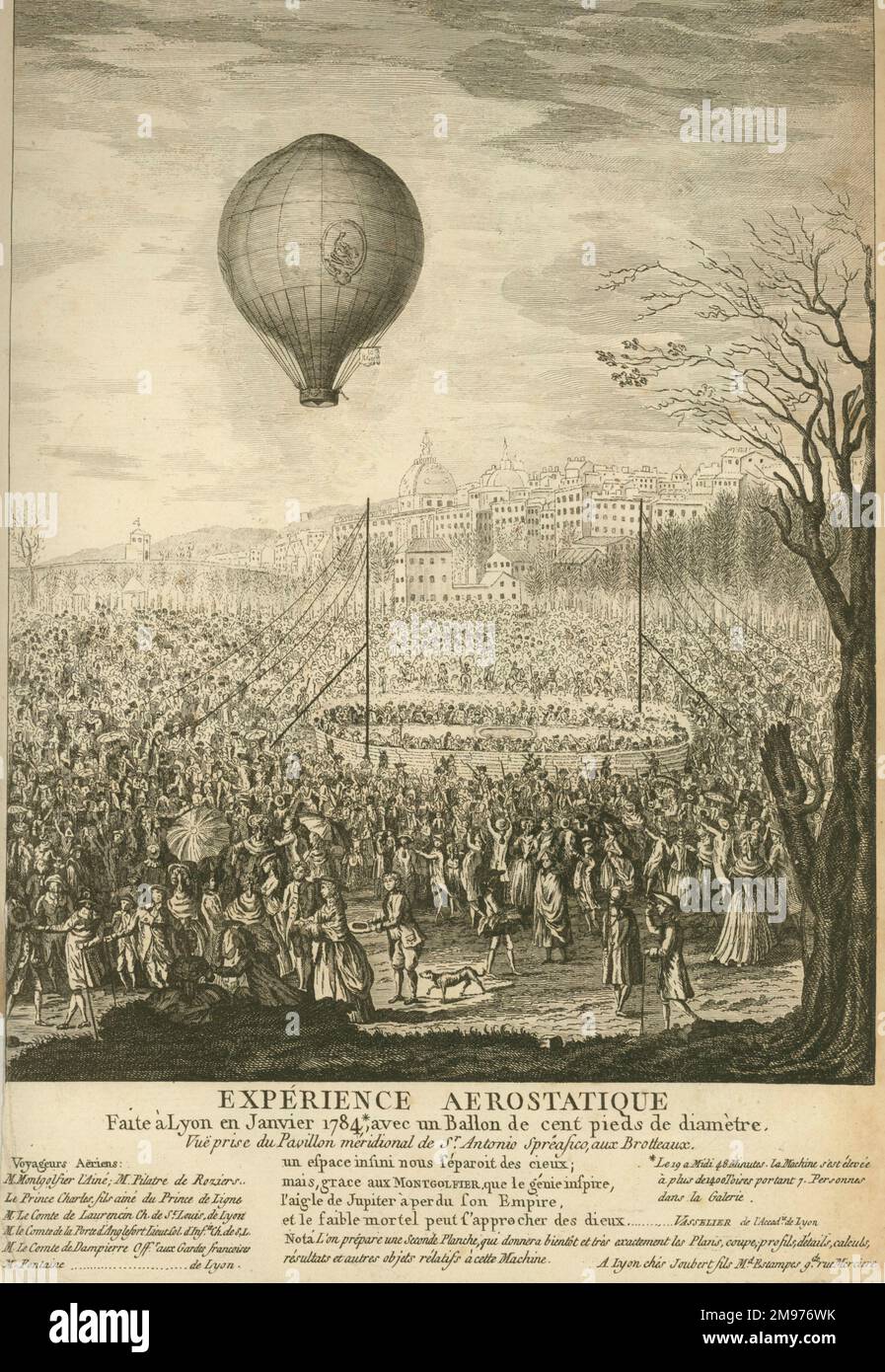 Plate showing “Expérience Aerostatique. Faite à Lyon Janvier 1784, avec un Ballon de cent pieds de diameter.” Stock Photo