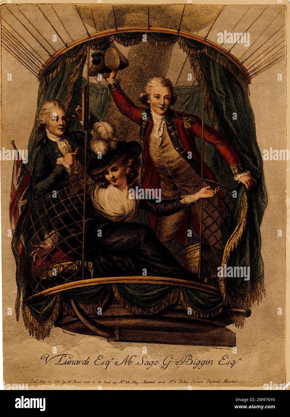 George Biggin, Letitia Sage and Vincenzo Lunardi ascending from St George's Fields, London, 29 June 1785 based on an original eyewitness drawing by Rigaud (C.F.A. Pierce Collection) Stipple engraving hand-coloured by Francesco Bartolozzi [Mrs Letitia Ann Sage was the first Englishwoman to ascend into the air] [Cuthbert-Hodgson Collection] Stock Photo