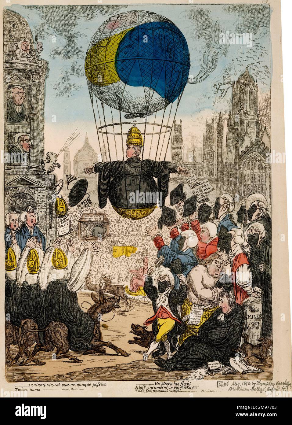 James Gillray. ‘He Steers His Flight: Or, Tentanda via est qua me quoque possim tollere humo’ (1810) [A cartoon of Lord Grenville’s Installation as Chancellor of Oxford. Grenville, seated in a balloon, is ascending into the air. He is attired in his Chancellor’s gown, with a crucifix on his back]. [Cuthbert-Hodgson Collection] Stock Photo