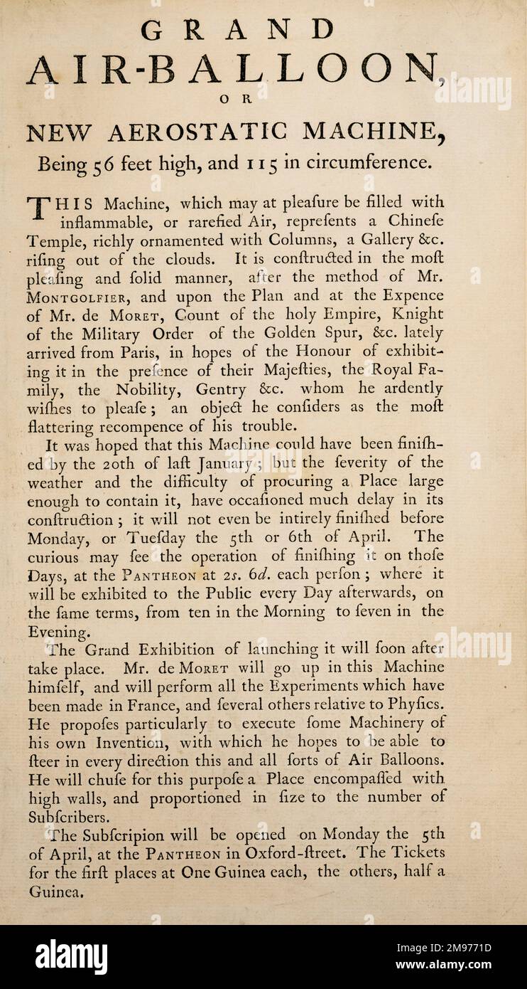 Prospectus for Grand Air-Balloon or New Aerostatic Machine. [Cuthbert-Hodgson Collection] Stock Photo