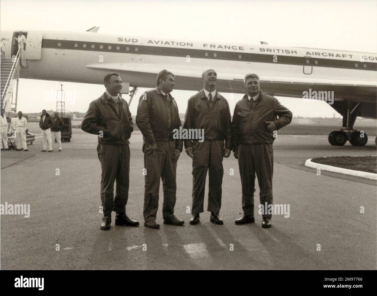 The French crew in Toulouse after Concorde’s first flight on 2 March 1969. From left: Henri Perrier, flight engineer; Jean Guignard, test pilot; André Turcat, chief test pilot and Michel Rétif, flight engineer. Stock Photo