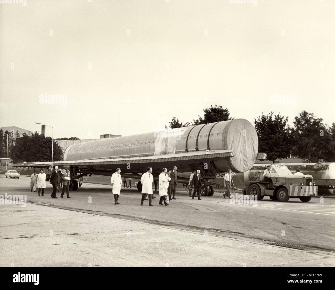 A Concorde fuselage is moved at Filton. Stock Photo