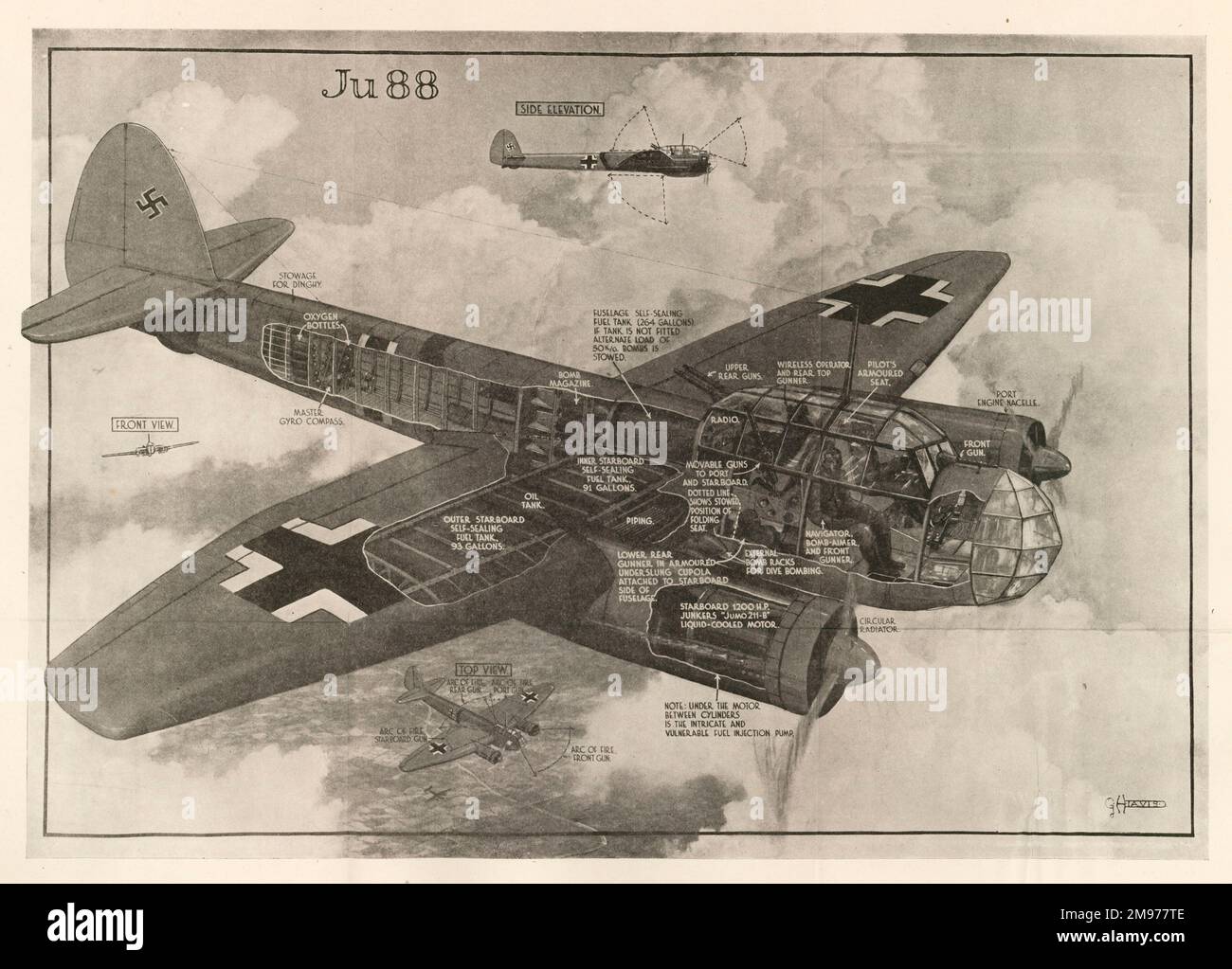 Junkers Ju88K cutaway drawing by George H. Davis, from ‘Instructions for flying the Junkers 88’. AM Pamphlet 114D. Stock Photo