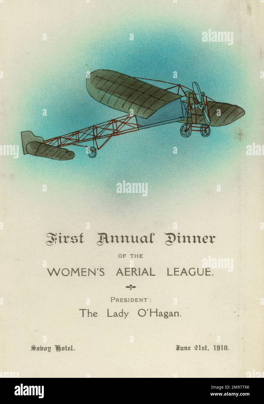 Menu cover of the first annual dinner of the Women’s Aerial League. Stock Photo