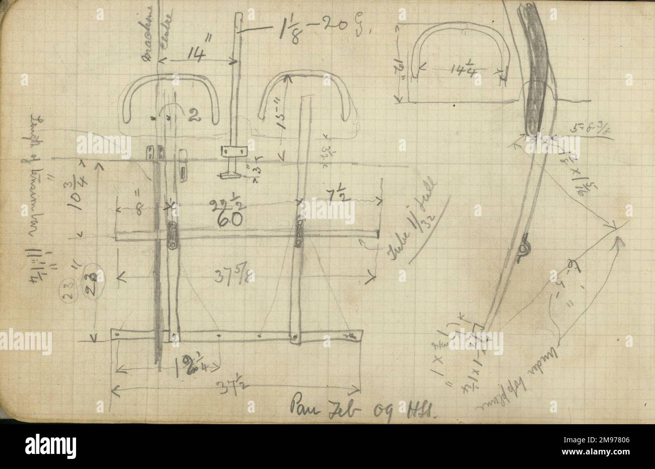 A page from Horace Short’s notebook containing his detailed sketches of the Wright Flyer made at Pau, France, in February 1909. Stock Photo