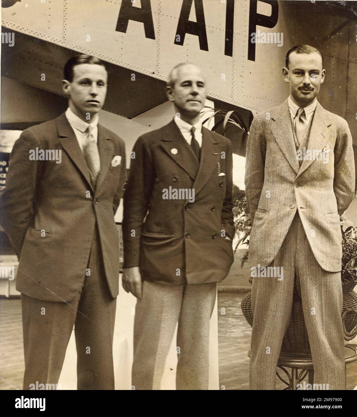 From left: Lord Junior, Sir Alliott Verdon Roe and Mr Perfect in front of Saunders-Roe Cutty Sark, G-AAIP. Stock Photo