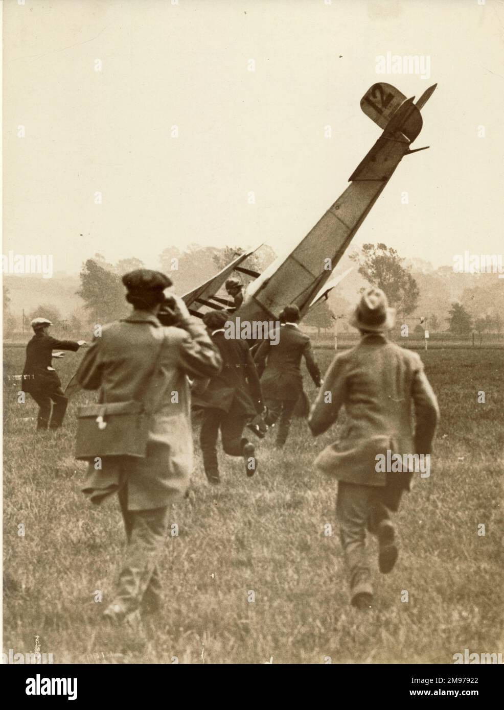 Lord Carbery in a Bristol Scout A modified, tips up his nose during a cross-wind landing at Castle Bromwich in the London-Manchester race, 20 June 1914. Stock Photo